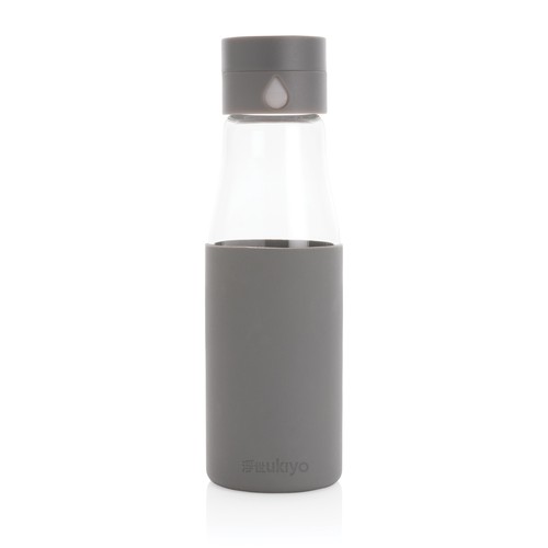 Ukiyo glass hydration tracking bottle with sleeve